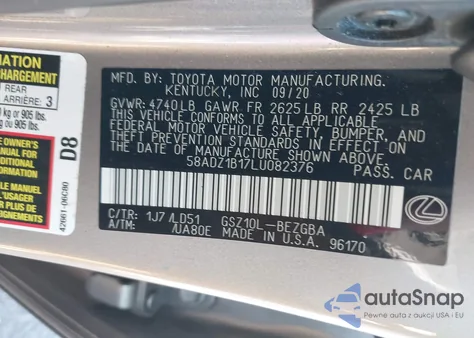 2020 Lexus Es 350 z USA, uszkodzony, nr VIN 58ADZ1B17LU082376